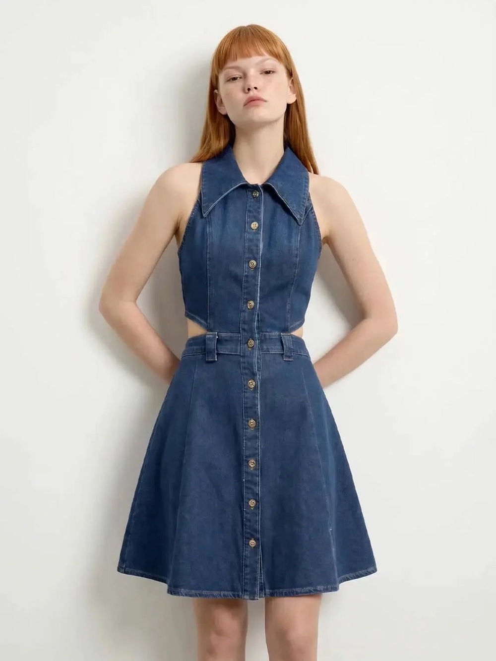NWT Urban Revivo Dark Wash Denim Collar Cutout Button Front Mini Dress Sz 6 Chic